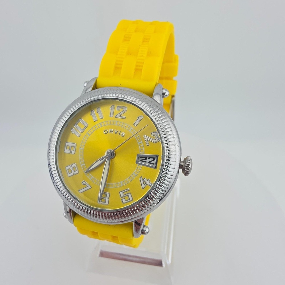 ORVIS Ladies Watch Coin Edging Yellow Dial & Silicone Band Stainless Steel 7.5"